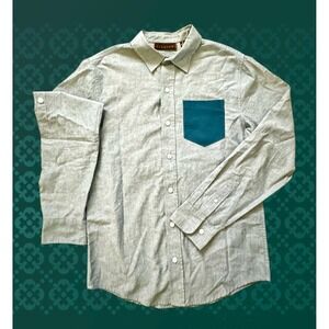 Fission Mens Long Sleeve Button Down Shirt Grey Blue Contrast Teal Pocket Size M
